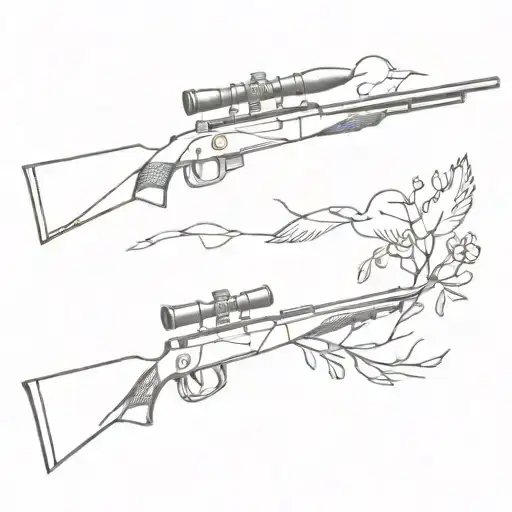 A minimalist geometric design of a hunting rifle intertwined with a delicate sketch of a woodcock bird in flight tattoo design idea