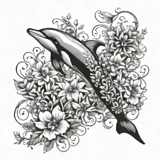 A majestic dolphin gracefully swimming among a bed of flowers tattoo design idea