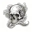 A skull made of blackwork waves crashing against a rocky shore tattoo design idea