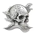 A skull made of blackwork waves crashing against a rocky shore tattoo design idea