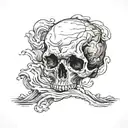 A skull made of blackwork waves crashing against a rocky shore tattoo design idea