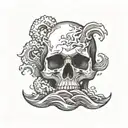A skull made of blackwork waves crashing against a rocky shore tattoo design idea