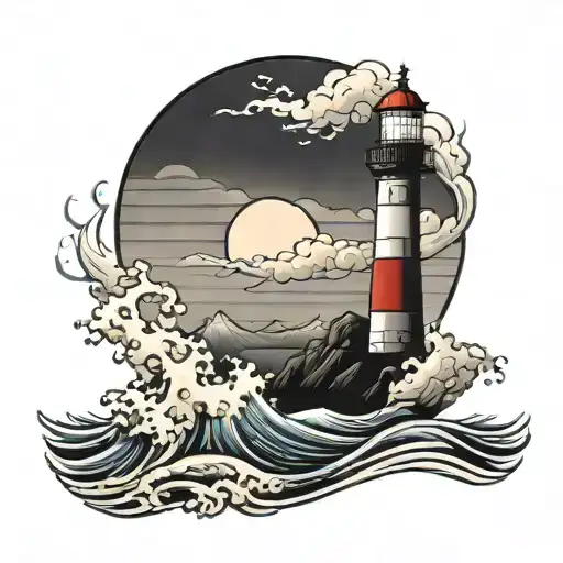 lighthouse standing tall with waves crashing tattoo design idea