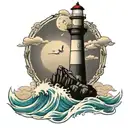 lighthouse standing tall with waves crashing tattoo design idea