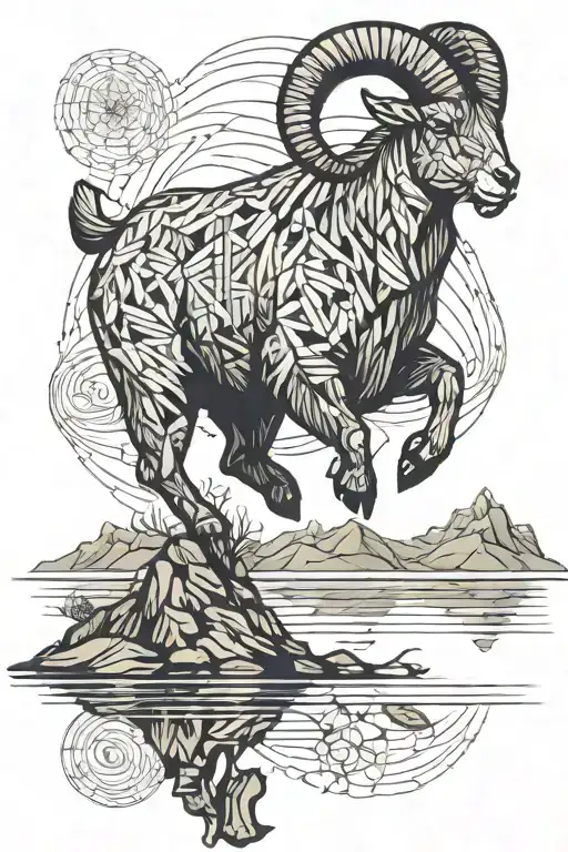 A majestic mountain goat gracefully leaping over the tranquil waters of Lake Van tattoo design idea