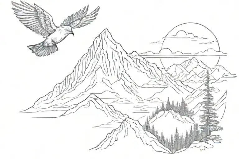 mountain sunrise with bird flying tattoo design idea