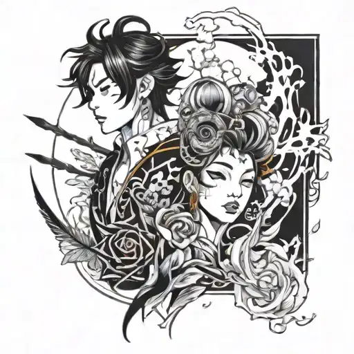 A tattoo design combining elements of Korean pop music and Asian dramas, with a subtle anime influence tattoo design idea