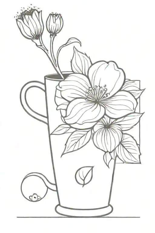 A minimalist tattoo of a coffee mug and a blooming flower, symbolizing the client's love for coffee and nature tattoo design idea