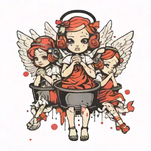 3 wise little angel in trash polka style  tattoo design idea