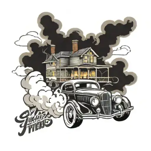 A tattoo design of a sleek drifting car with smoke billowing from the tires, incorporating elements of a traditional house in the background tattoo design idea