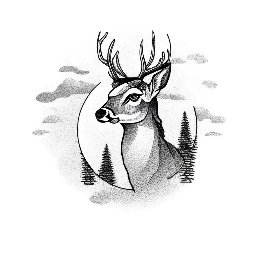 Deer with oak sheets and a moon tattoo design idea