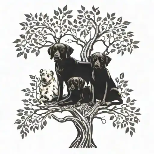 Illustrate a family tree with branches intertwining with paw prints and hearts, symbolizing the connection between family and their beloved pet dog tattoo design idea