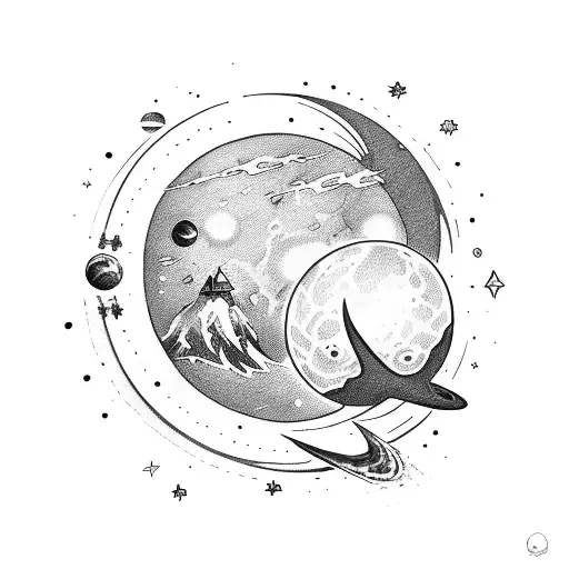 Star & moon combo with "Dad mom" writings in mars planet tattoo design idea