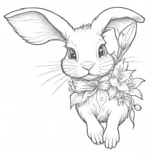 little cute bunny with lilly of the vally flower tattoo design idea