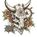 bull skull with clock and compass and rose and playing cards  tattoo design idea