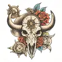 bull skull with clock and compass and rose and playing cards  tattoo design idea