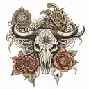 bull skull with clock and compass and rose and playing cards  tattoo design idea