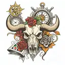 bull skull with clock and compass and rose and playing cards  tattoo design idea