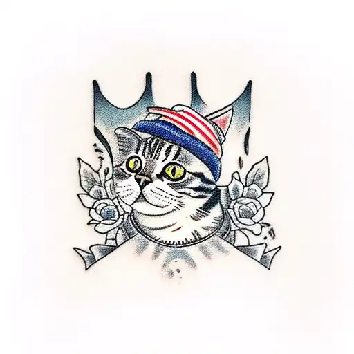 American Traditional tattoo of a cat wearing a barista apron and serving coffee tattoo design idea
