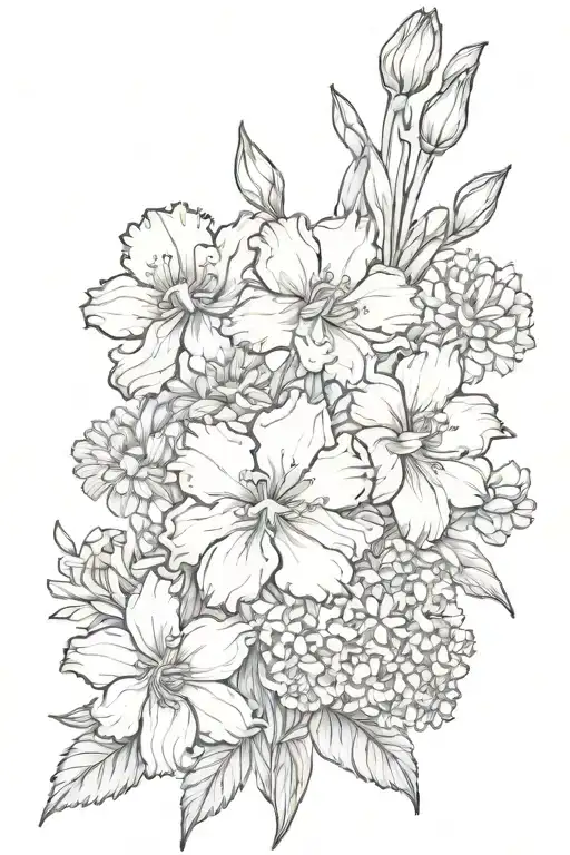 flower bouquet with the folowing flowers aster, marigold, carnation, iris and daffodil tattoo design idea