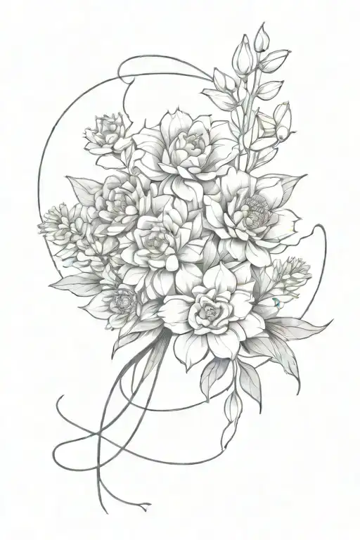 flower bouquet bow of succulents with a aster, marigold, carnation, iris and daffodi tattoo design idea