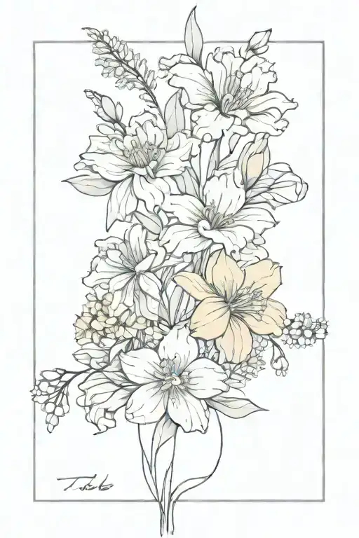 tide up flower bouquet with the folowing flowers aster, marigold, carnation, iris and daffodil tattoo design idea