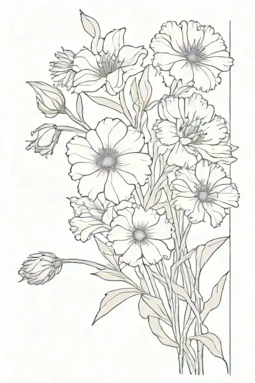 tide up flower bouquet with the folowing flowers aster, marigold, carnation, iris and daffodil incule all these flowers tattoo design idea