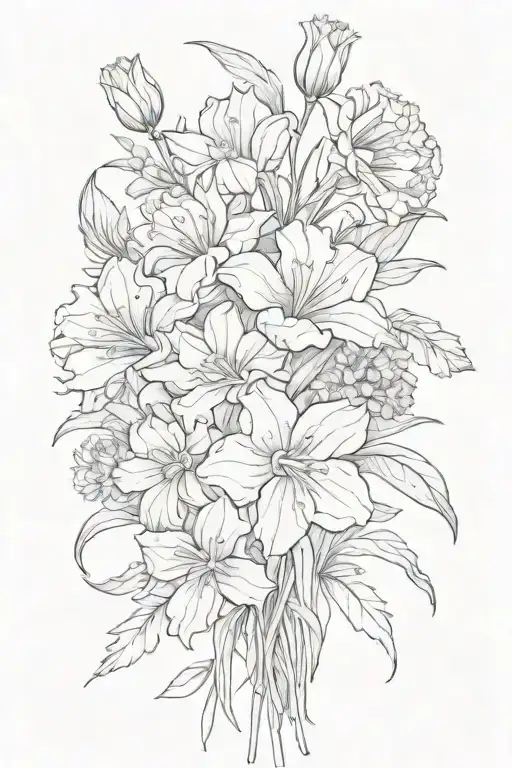 tide up flower bouquet with the folowing flowers aster, marigold, carnation, iris and daffodil tattoo design idea