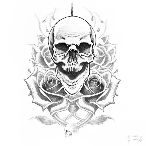 skull with rose in hell with devil tattoo design idea
