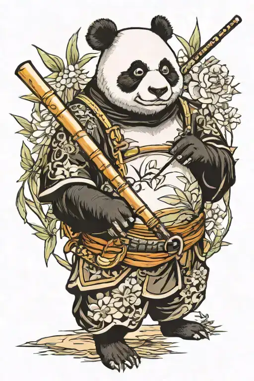 panda samurai smoking bamboo pipe tattoo design idea