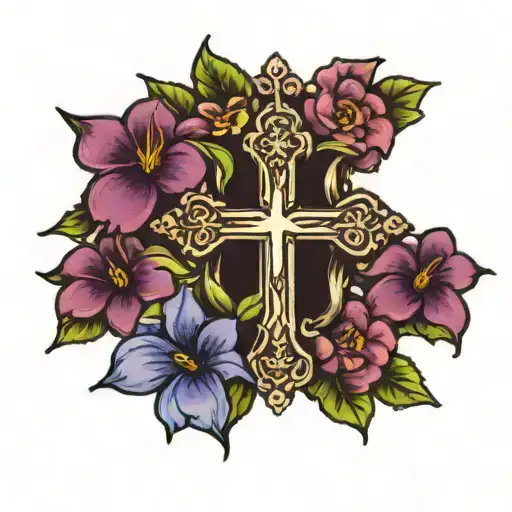cross with Jesus saves in the middle surrounded by violets tattoo design idea
