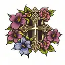 cross with Jesus saves in the middle surrounded by violets tattoo design idea