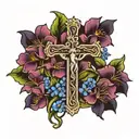 cross with Jesus saves in the middle surrounded by violets tattoo design idea