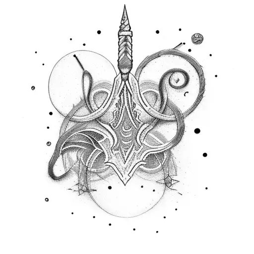 A dotwork tattoo of a magic wand intertwined with a paintbrush tattoo design idea