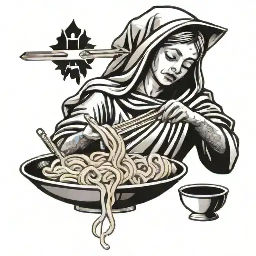 maria mother of jesus christ eating ramen noodles old icon style tattoo design idea