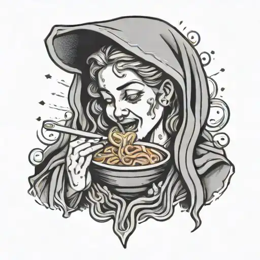 maria mother of jesus christ with aureole eating ramen noodles tattoo design idea