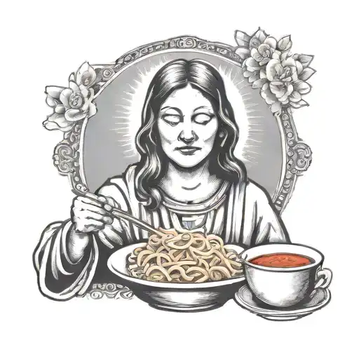 maria mother of jesus christ eating ramen noodles old icon style tattoo design idea