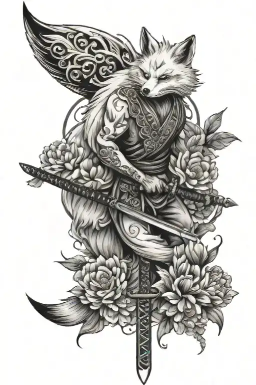 nine tailed fox holding katana surround by flowers tattoo design idea