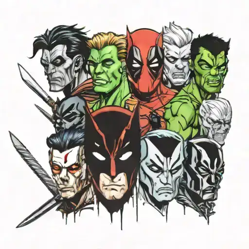 Marvel Comicbook characters: Deadpool, Iceman from the X-men, Black Panther, Hulk, Iron Man, and Wolverine as zombies  tattoo design idea