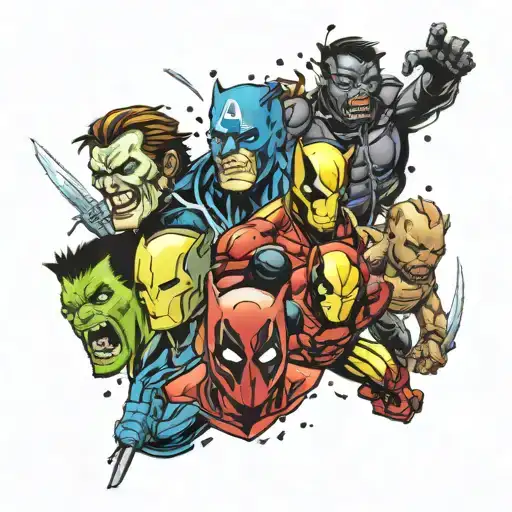Marvel Comic characters: Deadpool, Iceman, Black Panther, Hulk, Iron Man, and Wolverine as zombies fighting each other  tattoo design idea