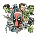 Marvel Comicbook characters: Deadpool, Iceman from the X-men, Black Panther, Hulk, Iron Man, and Wolverine as zombies  tattoo design idea