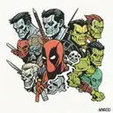 Marvel Comicbook characters: Deadpool, Iceman from the X-men, Black Panther, Hulk, Iron Man, and Wolverine as zombies  tattoo design idea