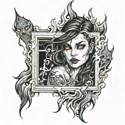 (Young girl in a window), fierce expression, (evil eyes), flames flickering behind her, poised to step down tattoo design idea