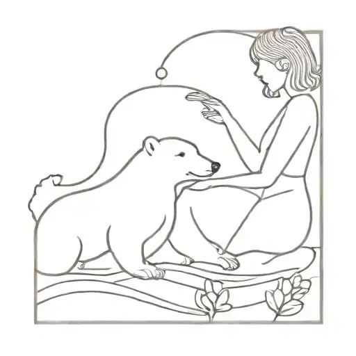 stick figure girl with flowers in her hair playing with polar bear cub and waves around them tattoo design idea