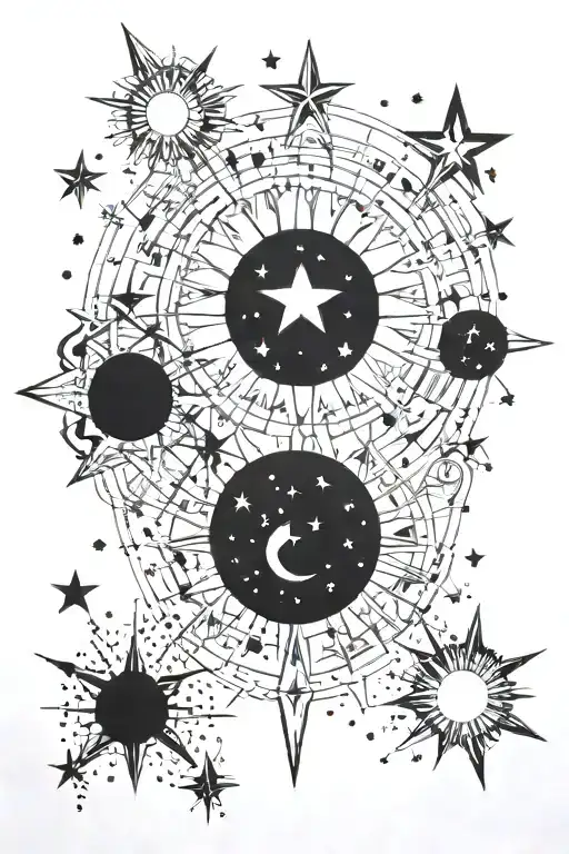 constelation, moon, lot of small star,  sun cascading tattoo design idea
