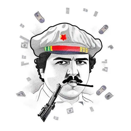 Pablo Escobar with a gun and money  tattoo design idea