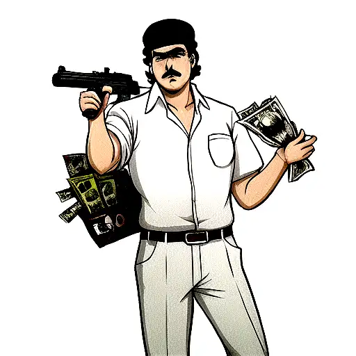Pablo Escobar with a gun and money  tattoo design idea