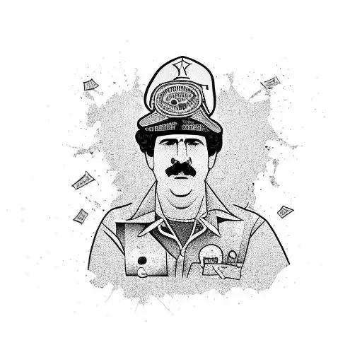 Pablo Escobar with a gun and money  tattoo design idea