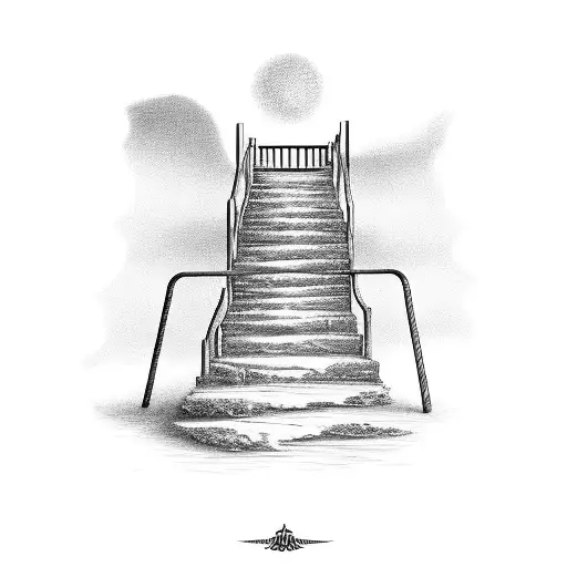 Heavenly beautiful stairway to heaven with gipsy wagon on the top of the stairs tattoo design idea