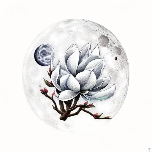 Magnolia Tree in a field of moonflowers with a big moon in the back round tattoo design idea